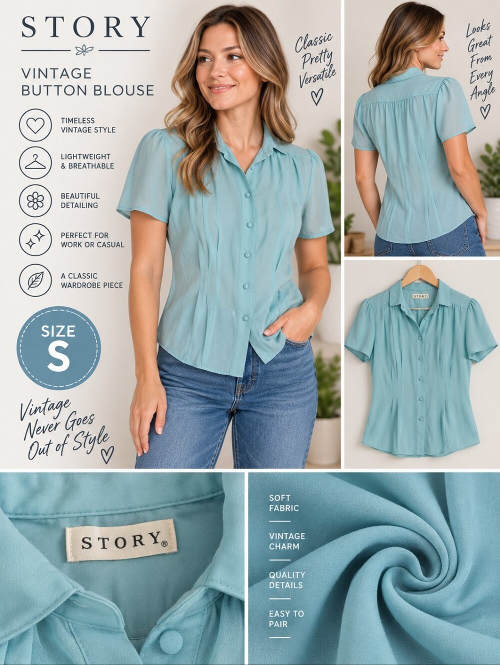 Story women's size small blue vintage button Blouse #ABE